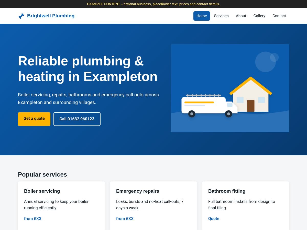 Example plumber website home page