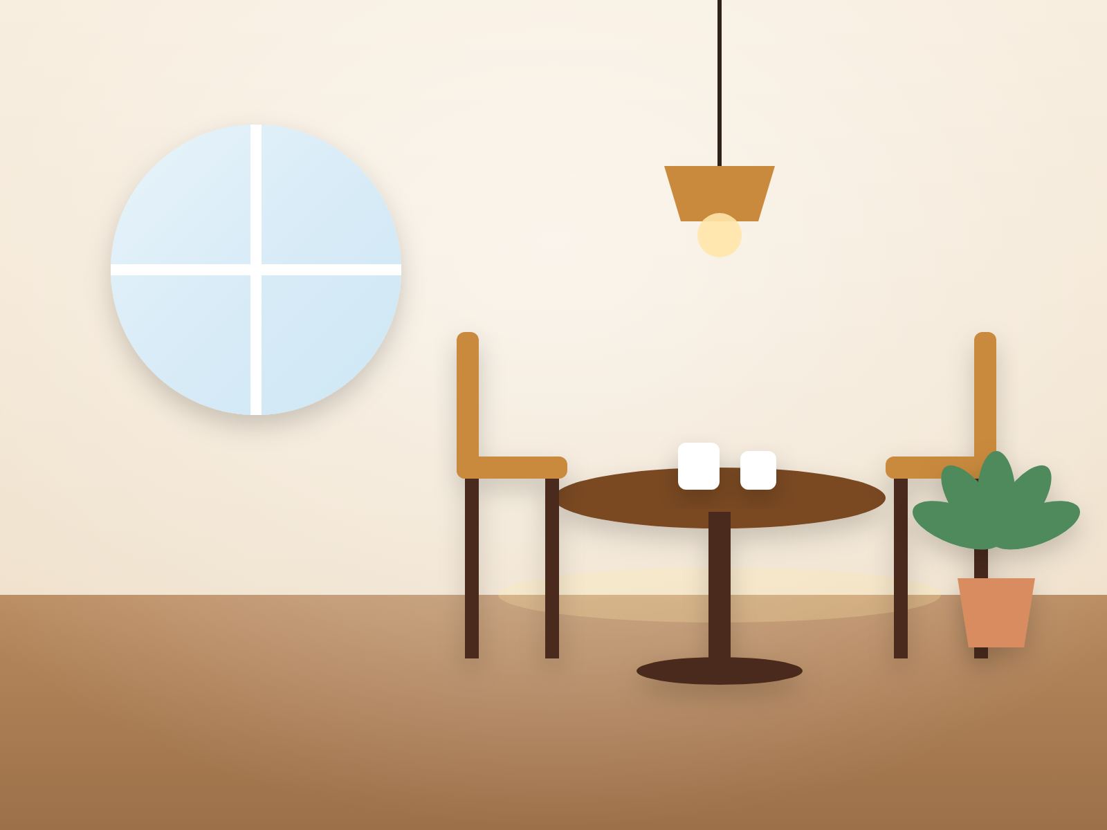 Illustration of a cosy café corner with a table and chairs